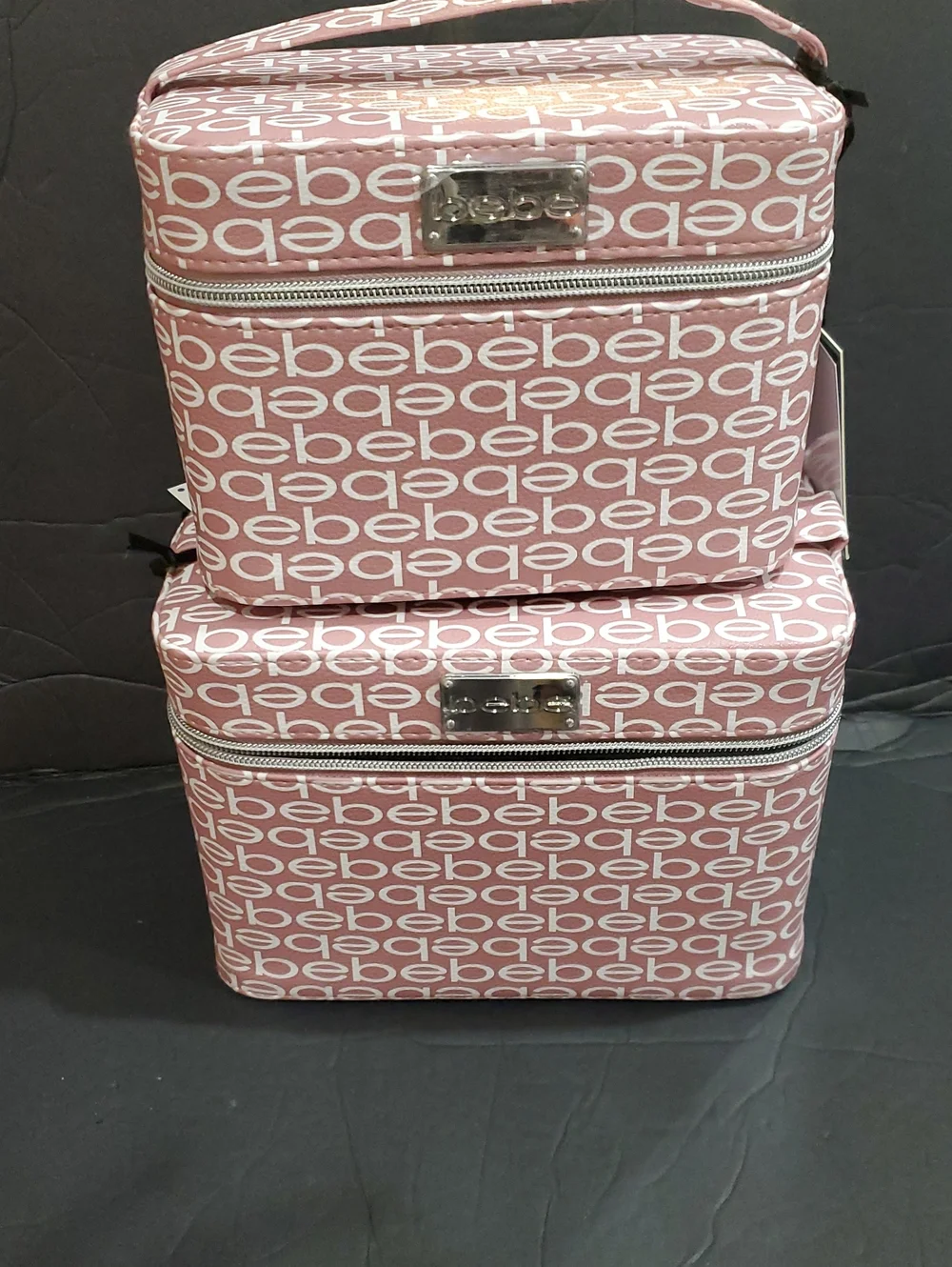Bebe pink rose blush Bebe white monogram medium cosmetics beauty hard train case